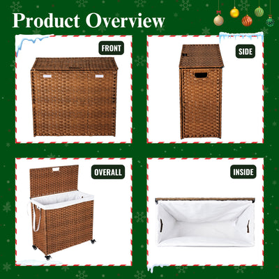 Laundry Hamper With Lid PE Rattan Powder Coating Frame Clothes Hampers With 2 Removable Bags