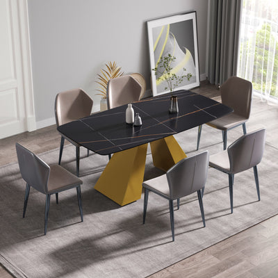 70.87" Modern Artificial Stone Curved Metal Leg Dining Table, Can Accommodate 6-8 People - Black / Gold