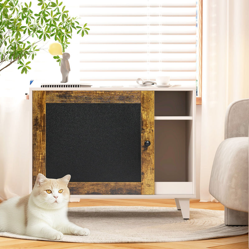 Litter Box Enclosure, Modern Hidden Cat Litter Box Enclosure Furniture With Scratching Pad For Living Room - White / Vintage