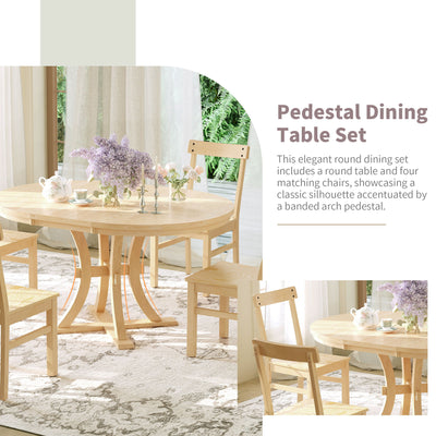 Topmax - 5 Piece Rustic Round Pedestal Extendable Dining Table Set With 15.7" Removable Leaf And Simple Dining Chirs For Small Places