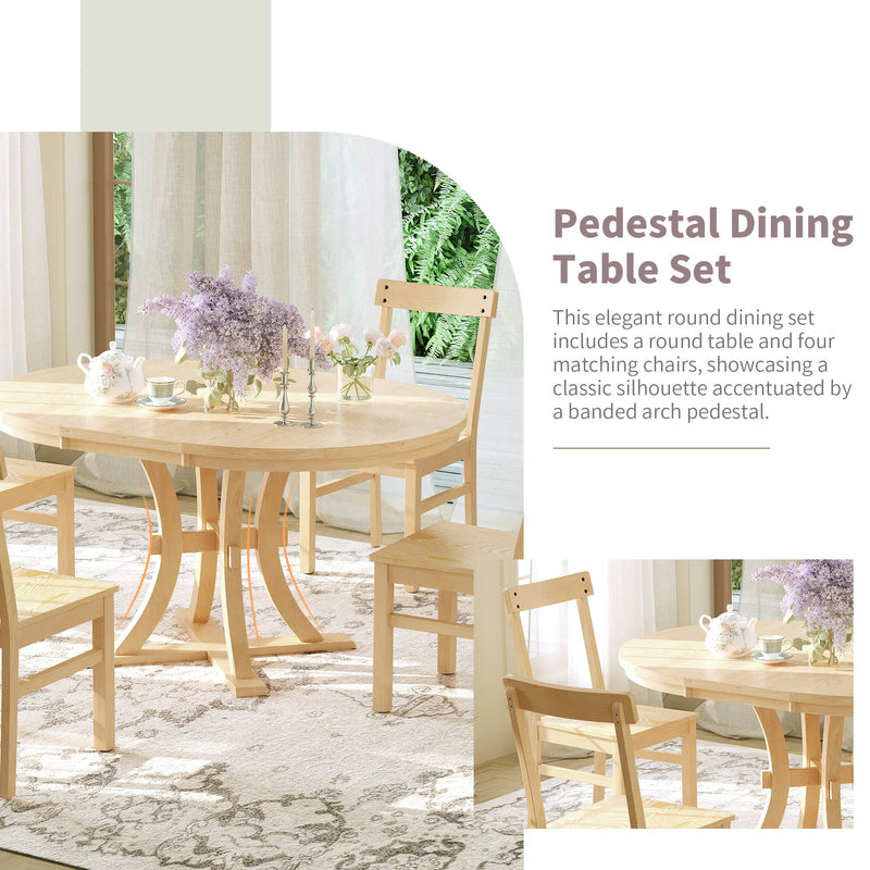 Topmax - 5 Piece Rustic Round Pedestal Extendable Dining Table Set With 15.7" Removable Leaf And Simple Dining Chirs For Small Places