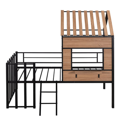 Twin Size Loft Bed With Roof, Window, Guardrail, Ladder