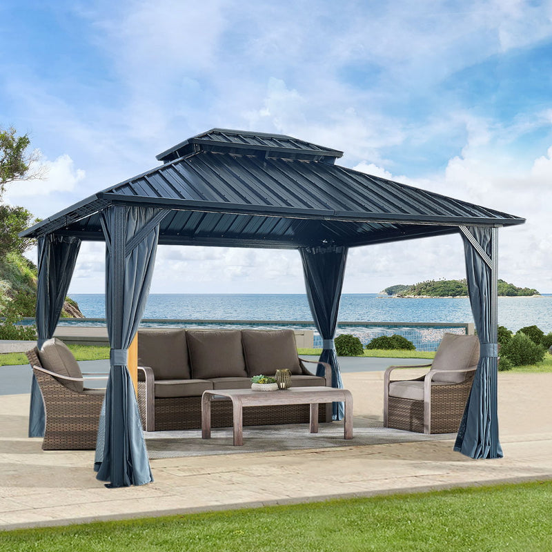 Gazebo Double Roof Canopy With Netting And Curtains, Outdoor Gazebo 2 Tier Hardtop Galvanized Iron Aluminum Frame Garden Tent For Patio, Backyard, Deck And Lawns