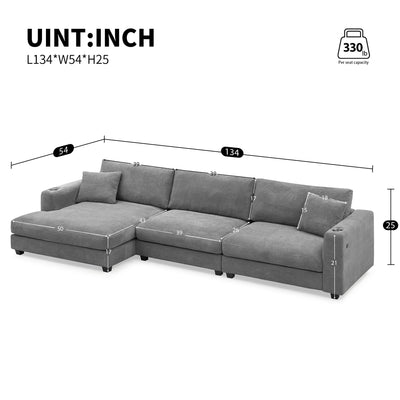 Oversized Corduroy Sectional Sofa, L Shaped Cloud Couch With USB Charging Port, Cup Holder, Deep Seat Sofa Bed With 50" Chaise, Comfy Indoor Furniture For Living Room