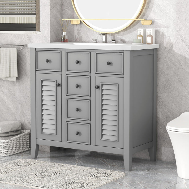 Bathroom Vanity With Ceramic Basin, Two Cabinets And Five Drawers, Solid Wood Frame, Gray