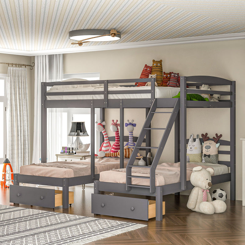 Full Over Twin & Twin Bunk Bed, Triple Bunk Bed With Drawers - Gray