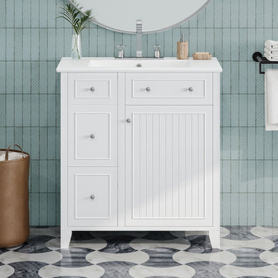 Bathroom Vanity Cabinet With Ceramic Basin, Double-Layer Drawer, Deep Drawer And Adjustable Shelf