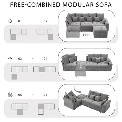 Sectional Sofa Modular Sofa Couch With Three USB Ports, A Removable Storage Ottoman And Five Back Pillows For Living Room