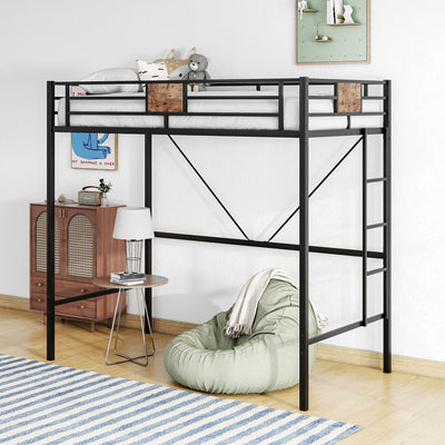 Metal Twin Loft Bed Frame With Stairs & Full-Length Guardrail, Space-Saving Design, No Box Spring Needed, Noise Free - Black