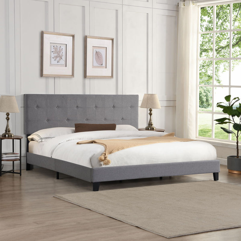 King Size Upholstered Platform Bed Frame With Button Tufted Linen Fabric Headboard, No Box Spring Needed, Wood Slat Support