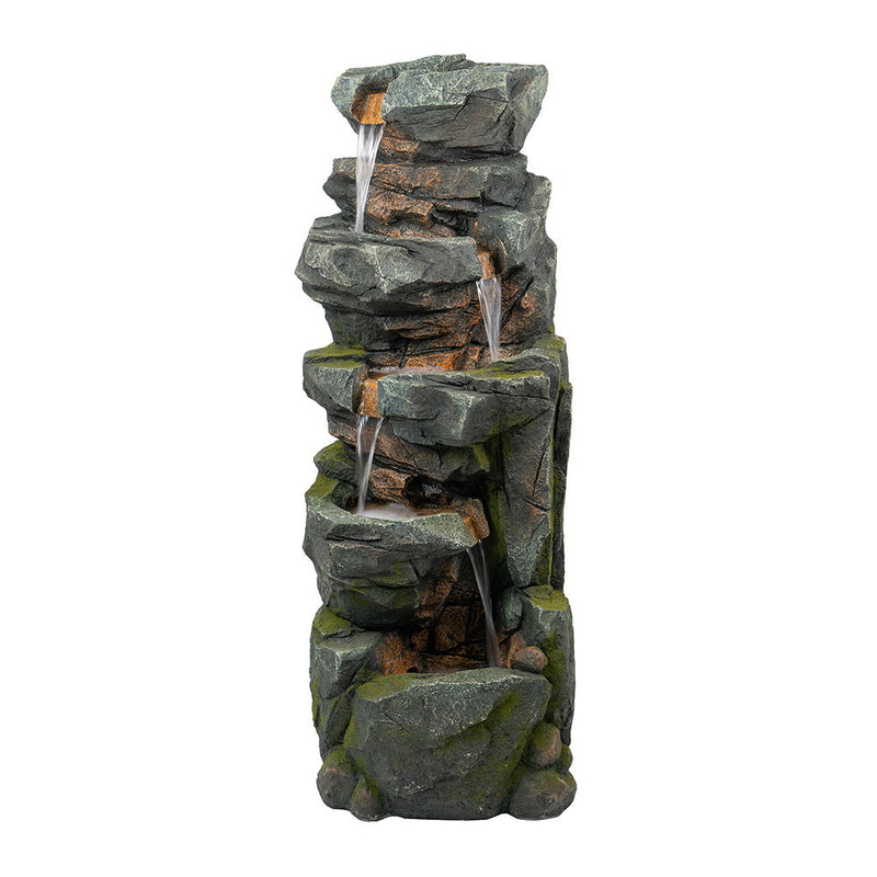 5 Tier Polyresin Fountain, Natural Rock Stone Water Feature For Patio & Backyard, Large Freestanding Fountain With LED Light - Gray