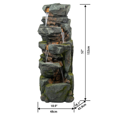 5 Tier Polyresin Fountain, Natural Rock Stone Water Feature For Patio & Backyard, Large Freestanding Fountain With LED Light - Gray