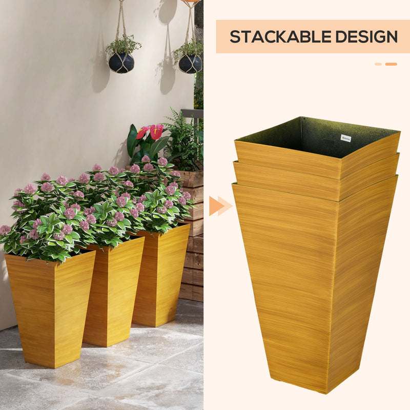 Outsunny - Outdoor Planters (Set of 3) Large Taper Planters With Drainage Holes And Plug, Faux Wood Plastic Flower Pots For Outdoor, Indoor, Garden, Patio