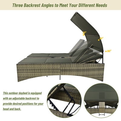 Patio Daybed Outdoor Daybed Sun Lounger With Shelter Roof With Adjustable Backrest, Storage Box And 2 Cup Holders For Patio, Balcony, Poolside