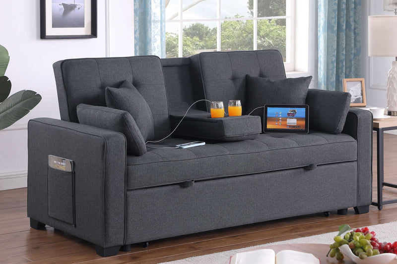 Cody II - 69.5"W Dark Gray Linen Convertible Sleeper Loveseat With Cup Holder, Charging Ports and Pocket