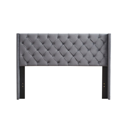 Queen Platform Tufted Upholstered Bed With Wings Design, Strong Wood Slat Support - Gray