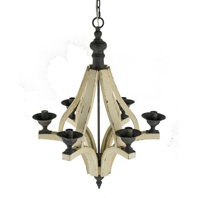 6 Light Wood Chandelier, Hanging Light Fixture With Adjustable Chain For Kitchen Dining Room Foyer Entryway, Bulb Not Included - Cream