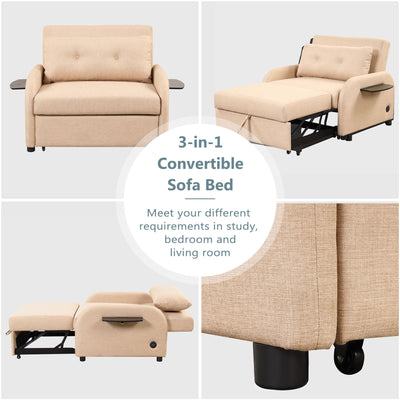 Pull Out Sofa Sleeper 3 In 1 With 2 Wing Table And USB Charge For Nap Line Fabric For Living Room Recreation Room