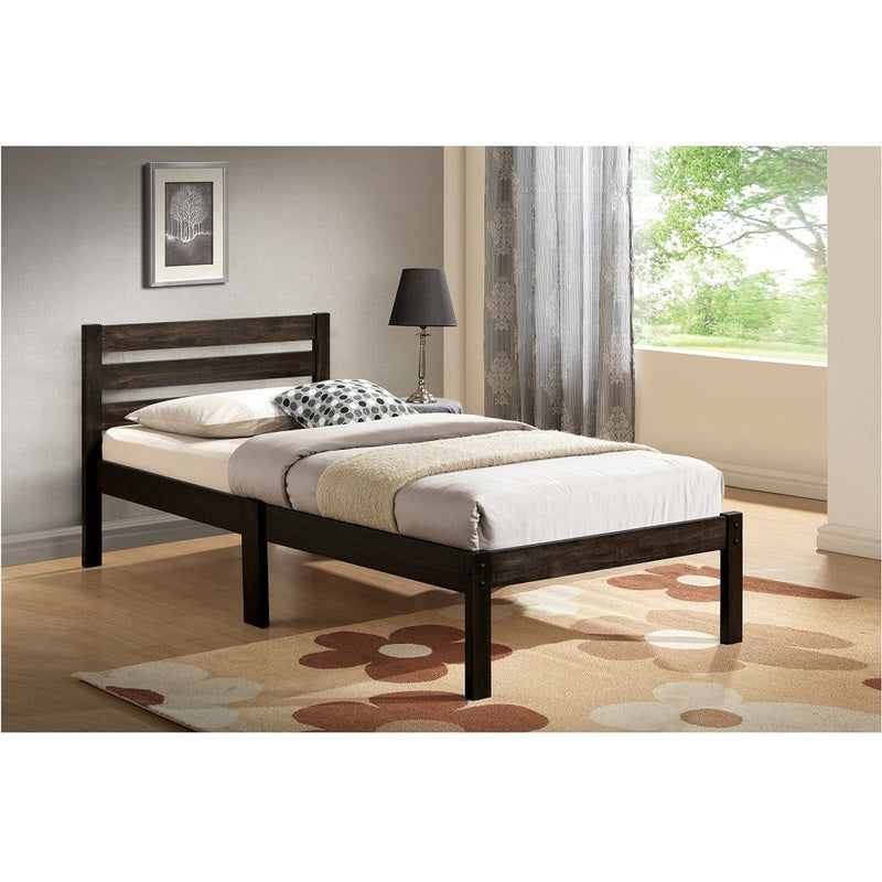 The Donato bed creates a clean and casual look that will match any bedroom decor. Features wooden slatted headboard, low profile footboard, crafted with selected wood. Box Spring not required.