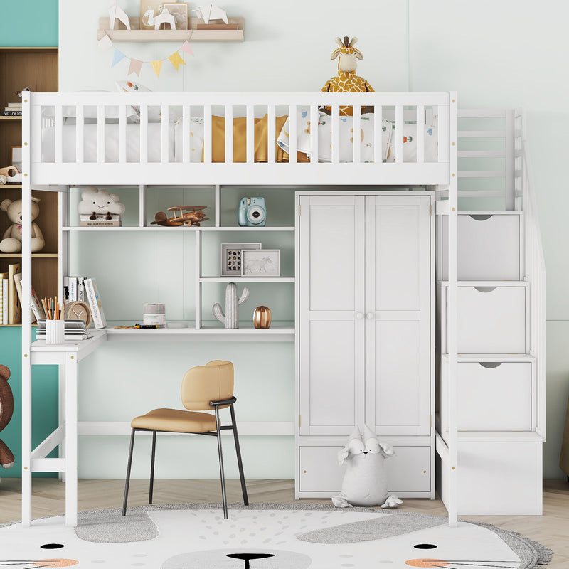 Full Size Loft Bed With Bookshelf, Drawers, Desk, And Wardrobe