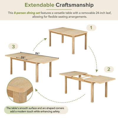 Topmax - Rustic Extendable Dining Table Set With Removable Leaf, 6 Upholstered Armless Dining Chairs And 2 Padded Arm Chairs, 9 Pieces