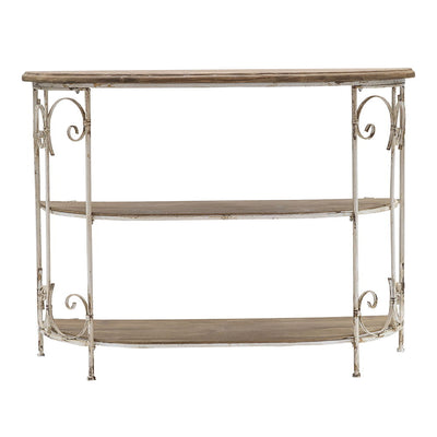 Three Tiered White Wooden Shelving Unit With Ornate Iron Frame - Multicolor