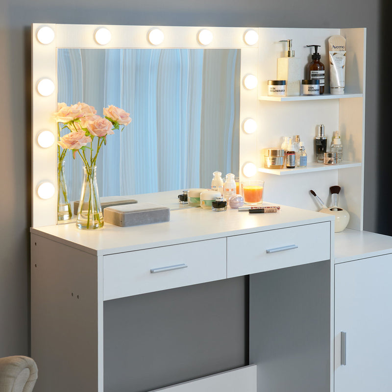 Vanity Desk With Mirror And Lights, 46.4In Dressing Table With 2 Large Drawer & Large Vertical Organizer, 3 Level Dresser & 3 Lighting Modes Adjustable Brightness, Suitable For Bedroom