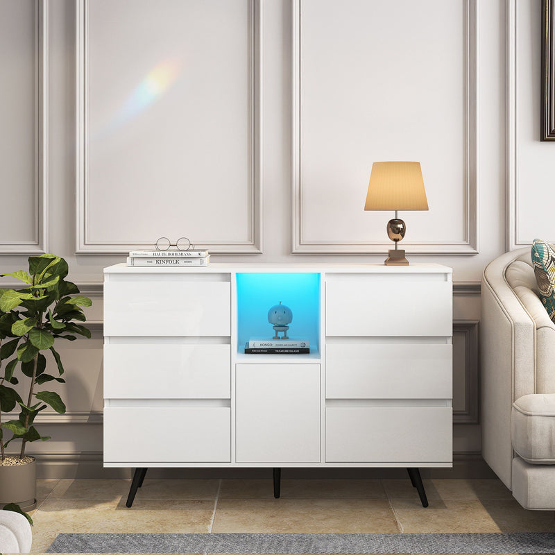 Living Room Sideboard Storage Cabinet With LED Light, Modern Kitchen Unit Cupboard Buffet Wooden Storage Display Cabinet - White