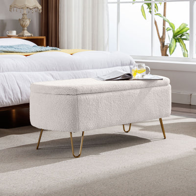 Storage Ottoman Bench For End Of Bed Gold Legs, Modern Camel Faux Fur Entryway Bench Upholstered Padded With Storage For Living Room Bedroom