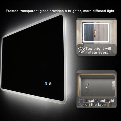 Modern Wall Mounted LED Backlit Anti-Fog Rounded Rectangular Bathroom Mirror With Us Standard Plug, Temperature Adjustable And Memory Function Touch Switch