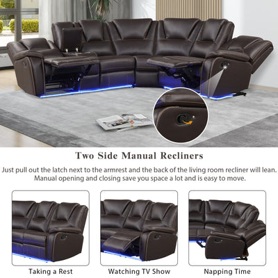 Modern Faux Leather Manual Reclining With Center Console And LED Light Strip, Living Room Furniture Set, PU Symmetrical Couch With 2 Cup Holders And Storage For Living Room