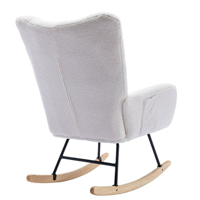 Rocking Chair With Pocket, Soft Teddy Fabric Rocking Chair For Nursery, Comfy Wingback Glider Rocker With Safe Solid Wood Base For Living Room