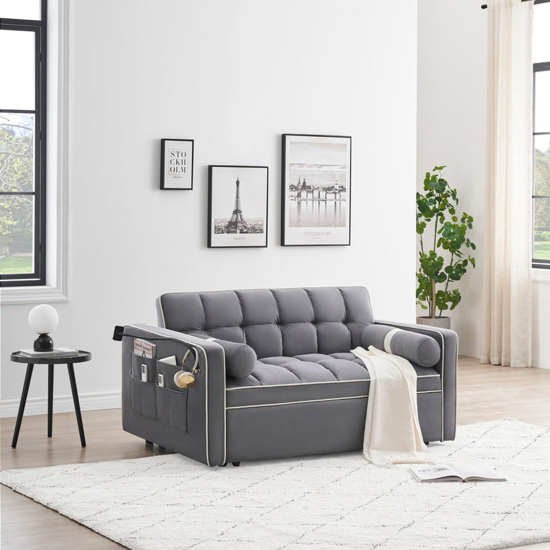 Modern Convertible Sleeper Sofa Couch With Pull Out Bed With Pillows & Side Pockets For Small Space, Living Room