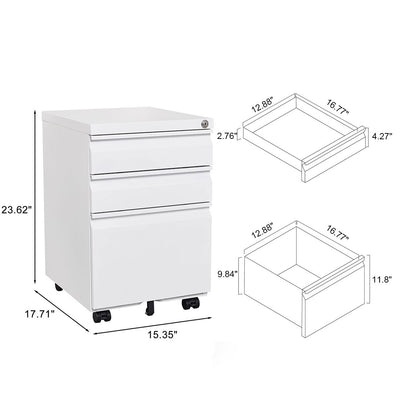 3 Drawer Mobile File Cabinet With Lock, Office Storage Filing Cabinet For Legal / Letter Size Metal File Cabinet Except Wheels Under Desk