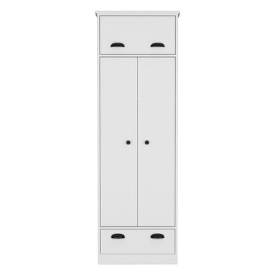 Dresser Closet With Upper Storage Covered With 1 Door, 2 Central Shelves, 1 Tube For Hanging Clothes Covered By 2 Doors, 1 Drawer At The Bottom - White