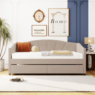 Upholstered Daybed With Two Drawers And Wood Slat