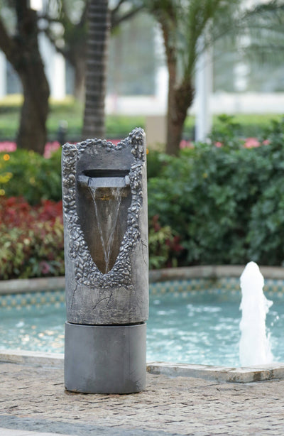 Large Contemporary Outdoor Water Fountain With Light, Unique Waterfall Fountain - Stone Gray