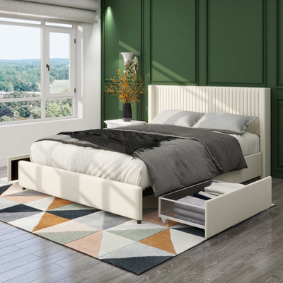 Anna - Upholstered Wingback Platform Bed With 4 Drawers Storage