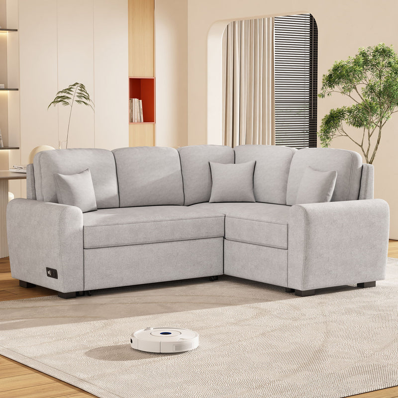 Sectional Sleeper Sofa With USB Charging Port And Plug Outlet, Pull-Out Sofa Bed With 3 Pillows, L-Shape Chaise For Living Room Small Apartment