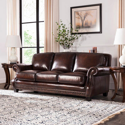 Traditional Roll Arm Nailhead Leather Sofa - Brown