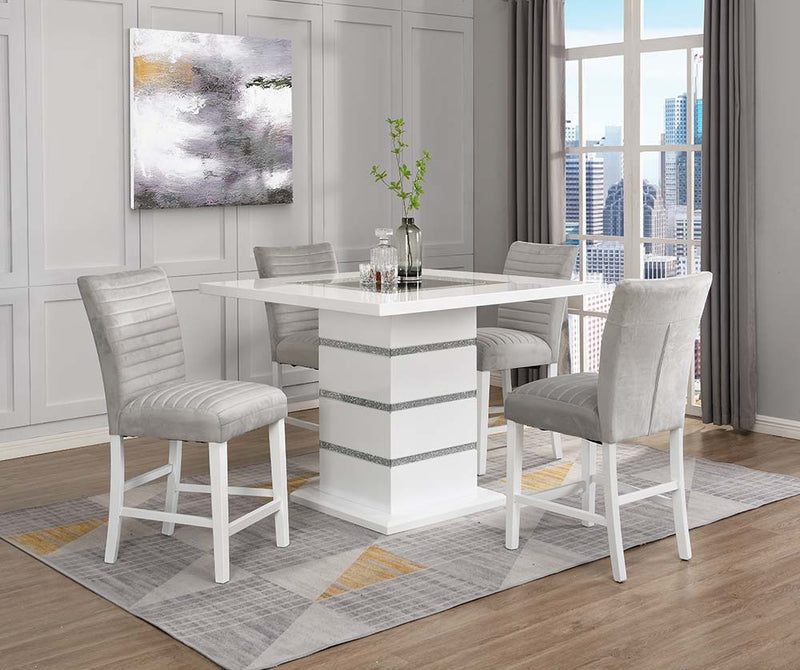 Elizaveta - Counter Height Table - Gray Velvet, Faux Crystal Diamonds &White High Gloss Finish