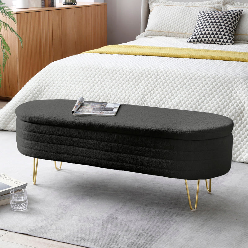 Upholstered Teddy Fabric Oval Storage Bench With Gold Legs End Of Bed