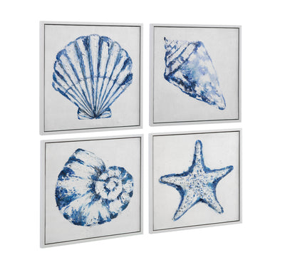 Shells - Framed Canvas (Set of 4) - Blue / White