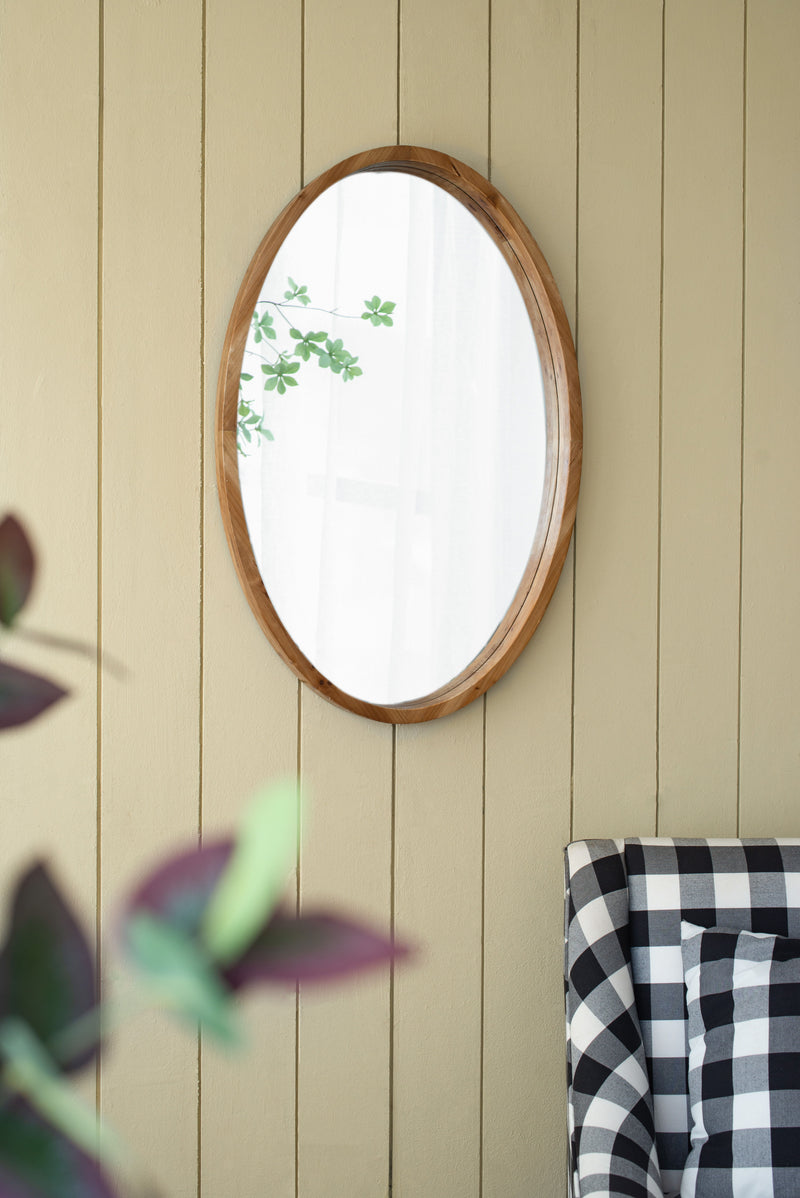 Oval Wall Mirror With Wood Frame, Farmhouse Wood Mirror For Bathroom Entryway Console Lean Against Wall - Brown