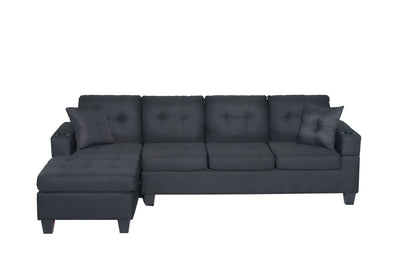 Nala - Wide Fabric Reversible Sectional Sofa With Cupholders And 2 Throw Pillows - Black