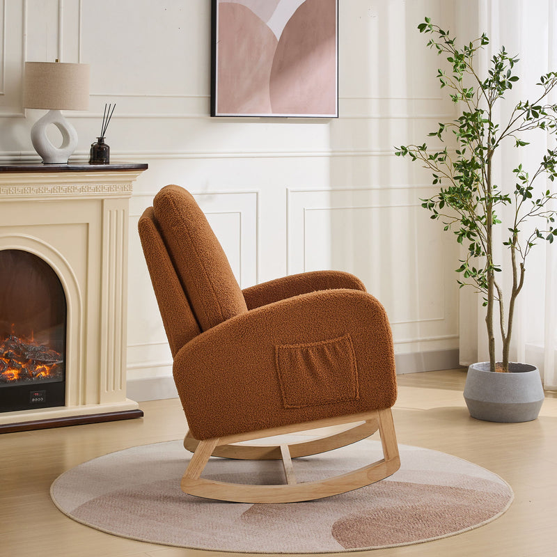 Rocking Chair For Nursery, Sherpa Glider Chair With High Back And Side Pocket, Rocking Accent Armchair With Rubber Wood Legs For Living Room / Bedroom