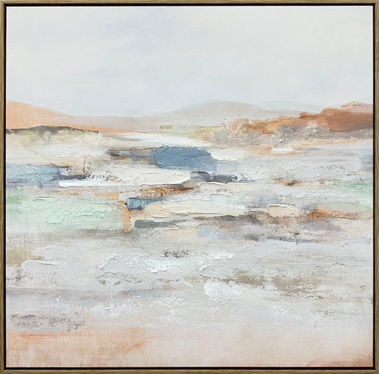 "Serene Horizons I" Hand-Embellished Canvas In Frame - Gray / Orange / Blue