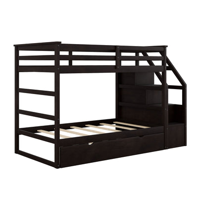 Twin Over Twin Bunk Bed With Twin Size Trundle And 3 Storage Stairs - Espresso