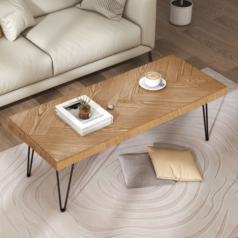 Modern Coffee Table Tea Table, Thicken Cocktail Table With With Chevron Pattern & Metal Hairpin Legs For Living Room - Natural