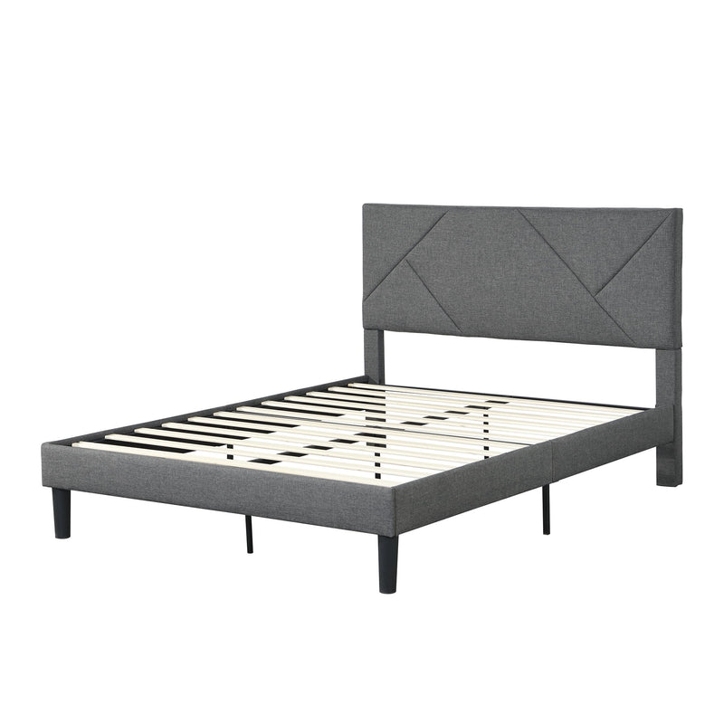 Queen Size Upholstered Platform Bed Frame Wood Slat Support - Gray